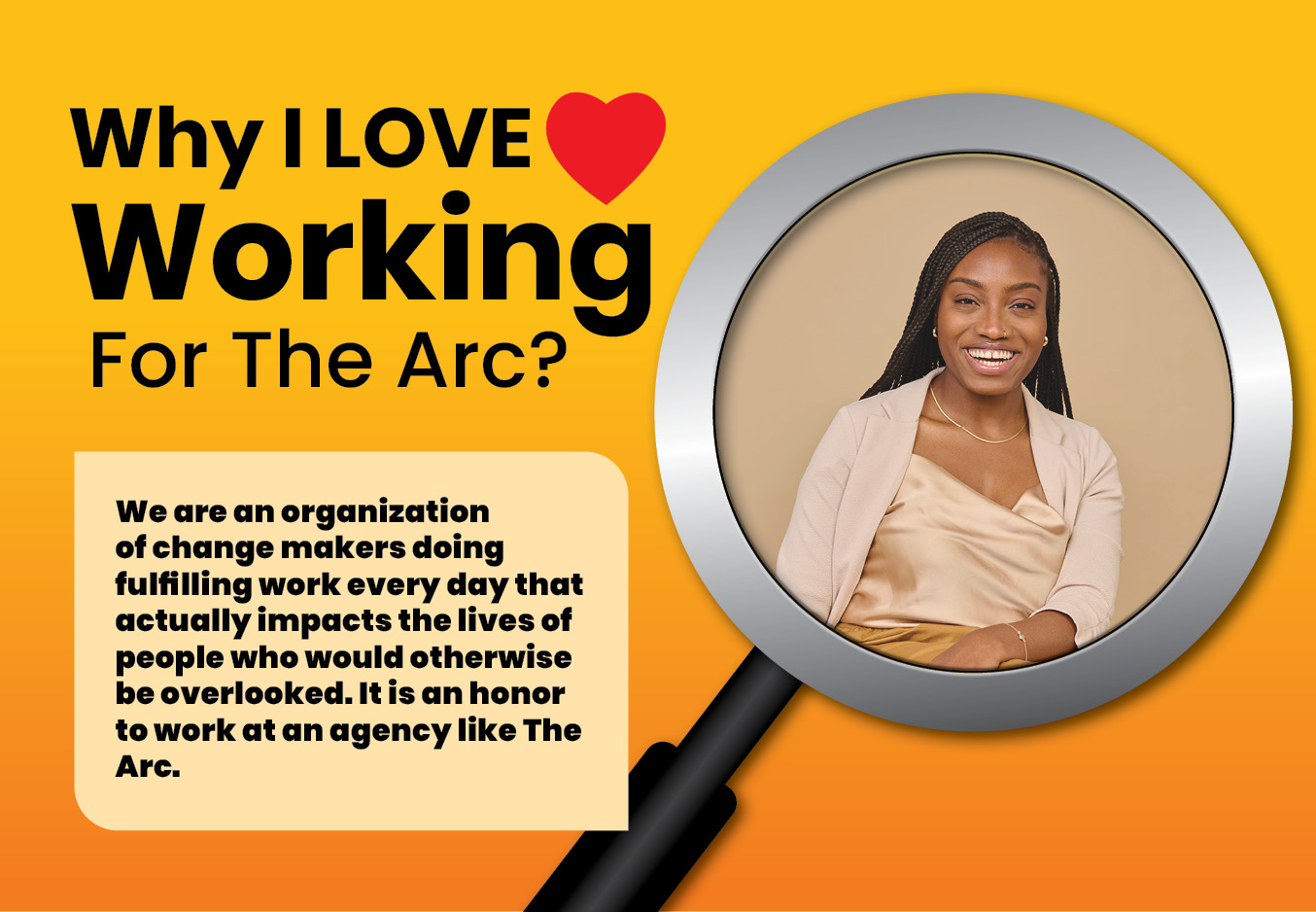 A bright yellow poster titled "Why I Love Working for The Arc?" features a quote praising impactful work. There's a photo of a smiling woman inside a magnifying glass graphic. Logos and text emphasize community and fulfillment.