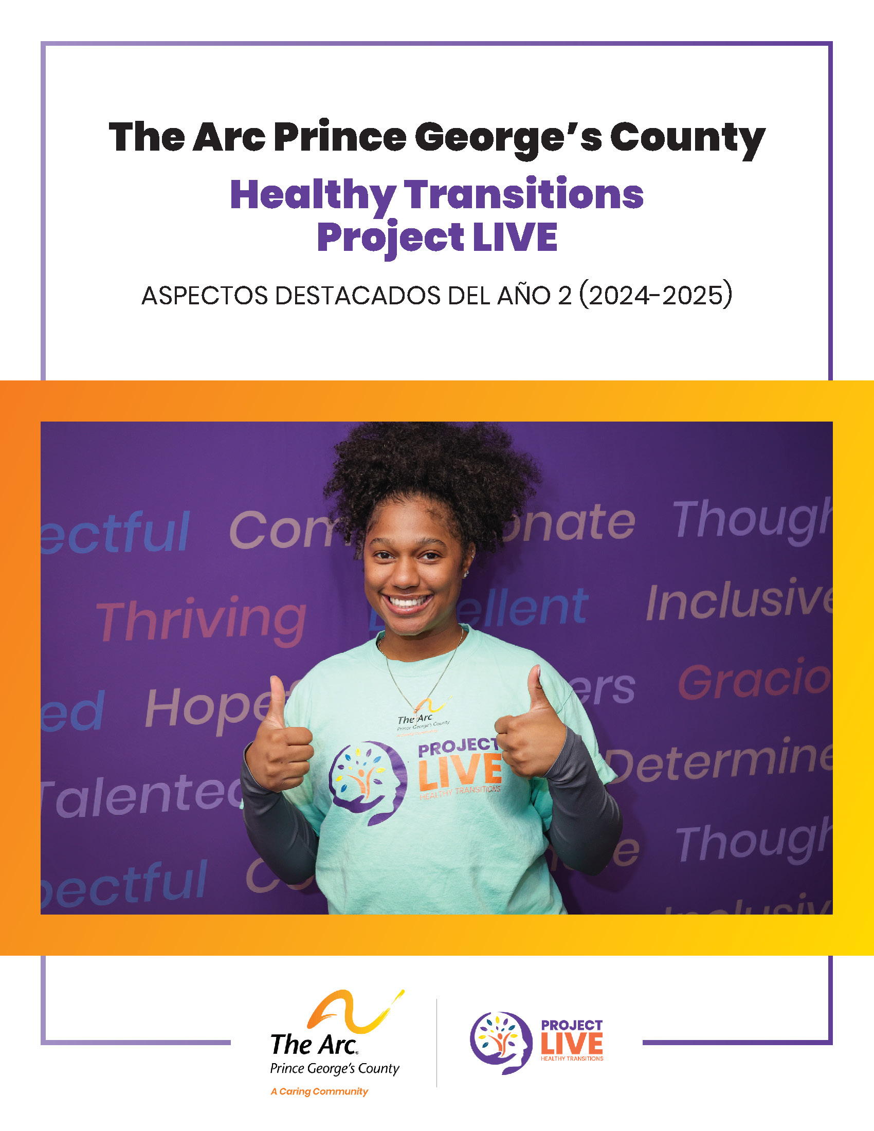 Spanish cover graphic for Project LIVE Year 2 highlights featuring a smiling young woman giving thumbs up against a purple background.