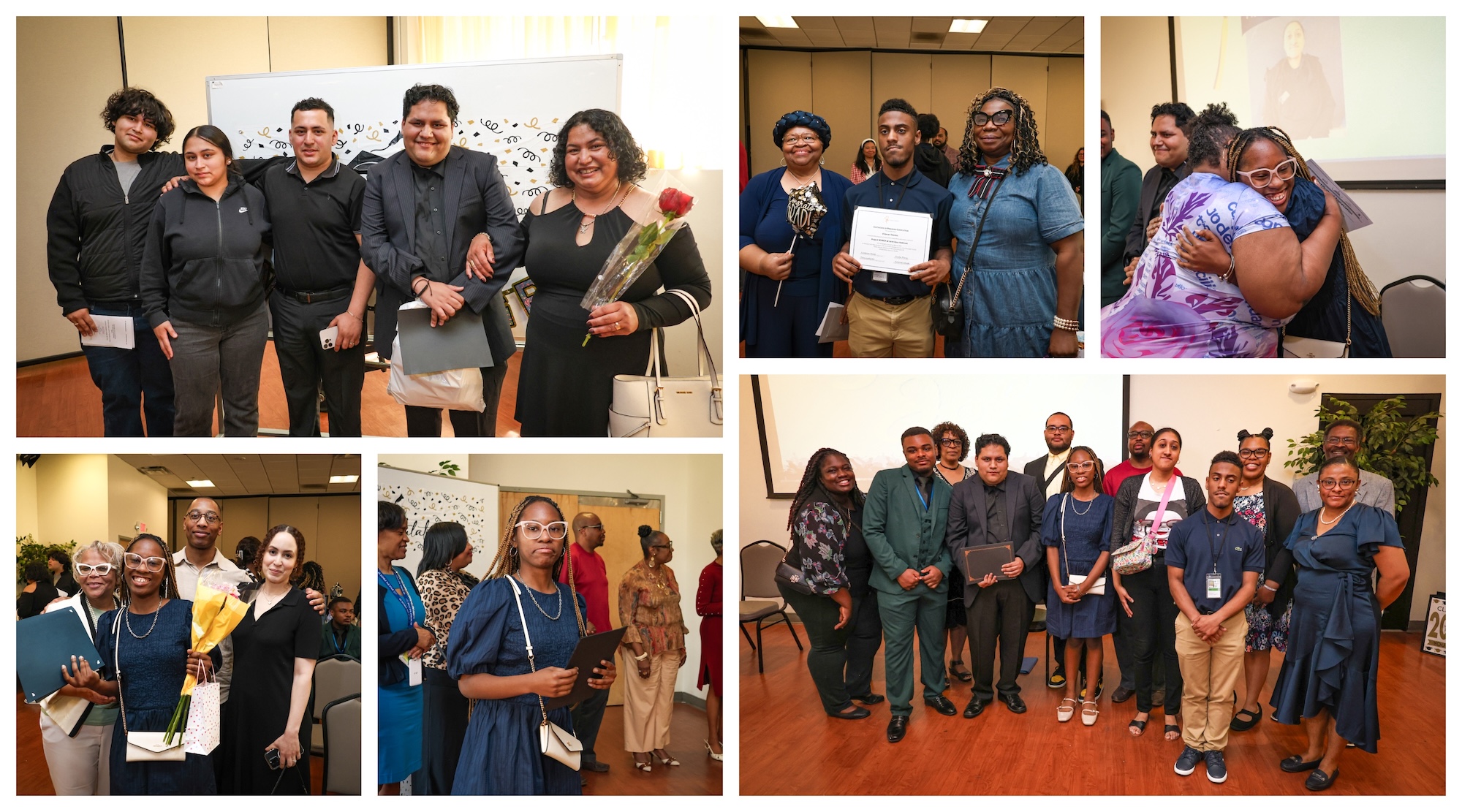 Collage of photos from the 2026 Project SEARCH Graduation Ceremony at Joint Base Andrews, showing graduates posing with family members, mentors, and supporters while holding certificates and flowers. The images capture joyful moments of celebration, hugs, group portraits, and proud graduates surrounded by loved ones and community members during the milestone event honoring their achievements and transition into employment and independence.