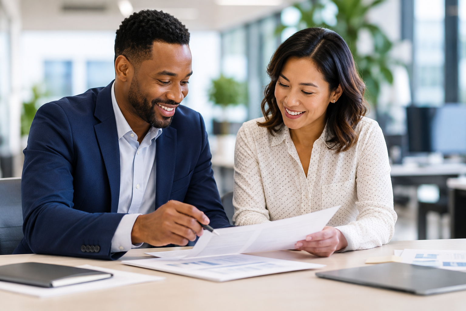 Two professionals review documents together in a modern office, representing workplace giving and employer matching gift programs.