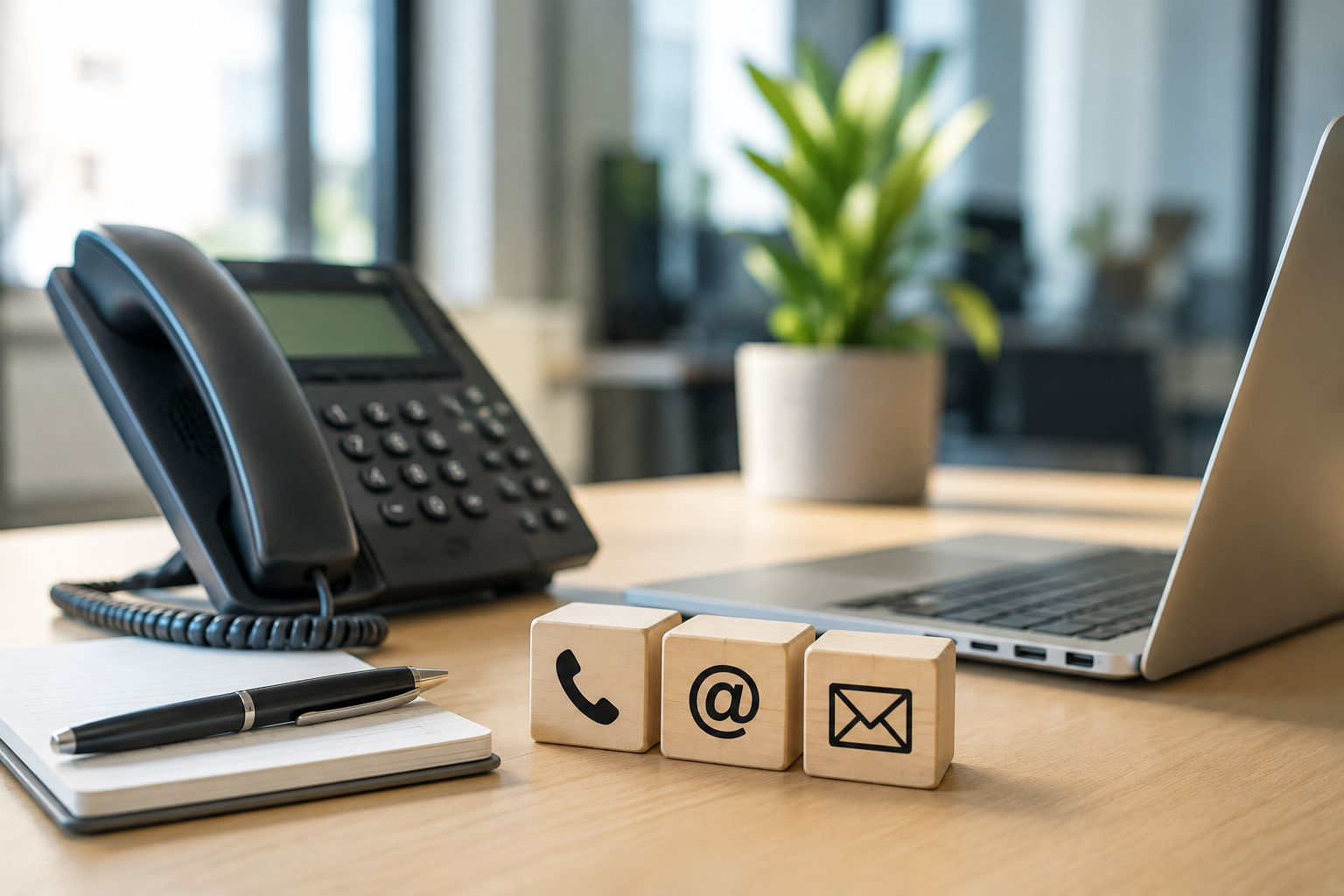 Office desk with a telephone, laptop, notepad, and contact icons representing phone, email, and online communication.