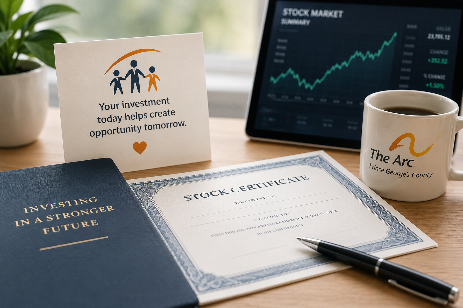 Stock certificate and financial documents displayed on a desk with charts, a pen, and eyeglasses, representing charitable donations of stocks and securities.