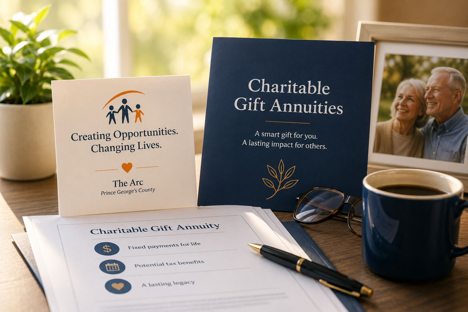 Charitable gift annuity documents displayed on a desk alongside a framed photo of an older couple, eyeglasses, a coffee mug, and financial planning materials, representing legacy giving and lifetime income.